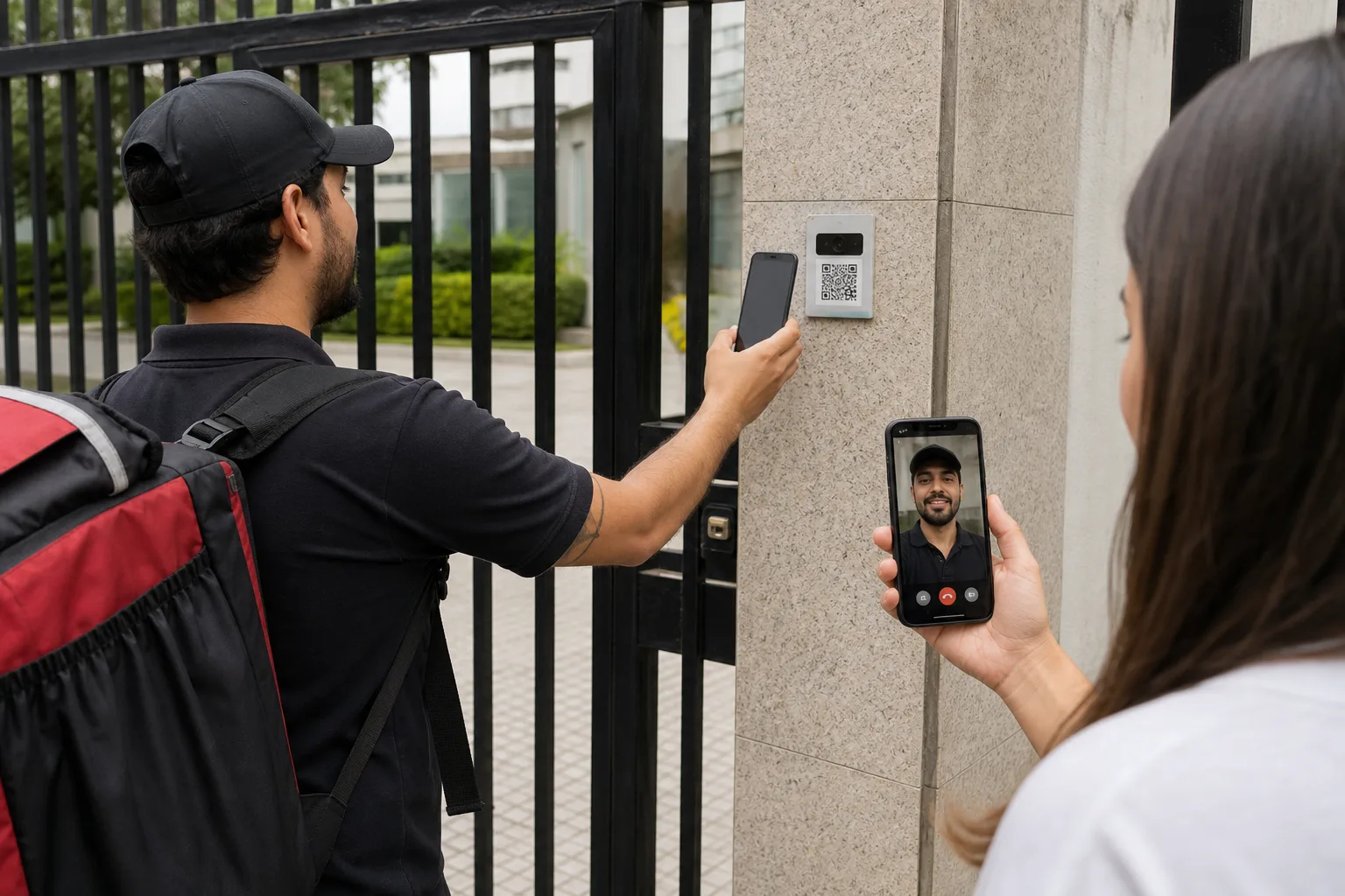 Entregador na entrada de uma residência enquanto o morador atende uma chamada de vídeo pelo celular em outro local