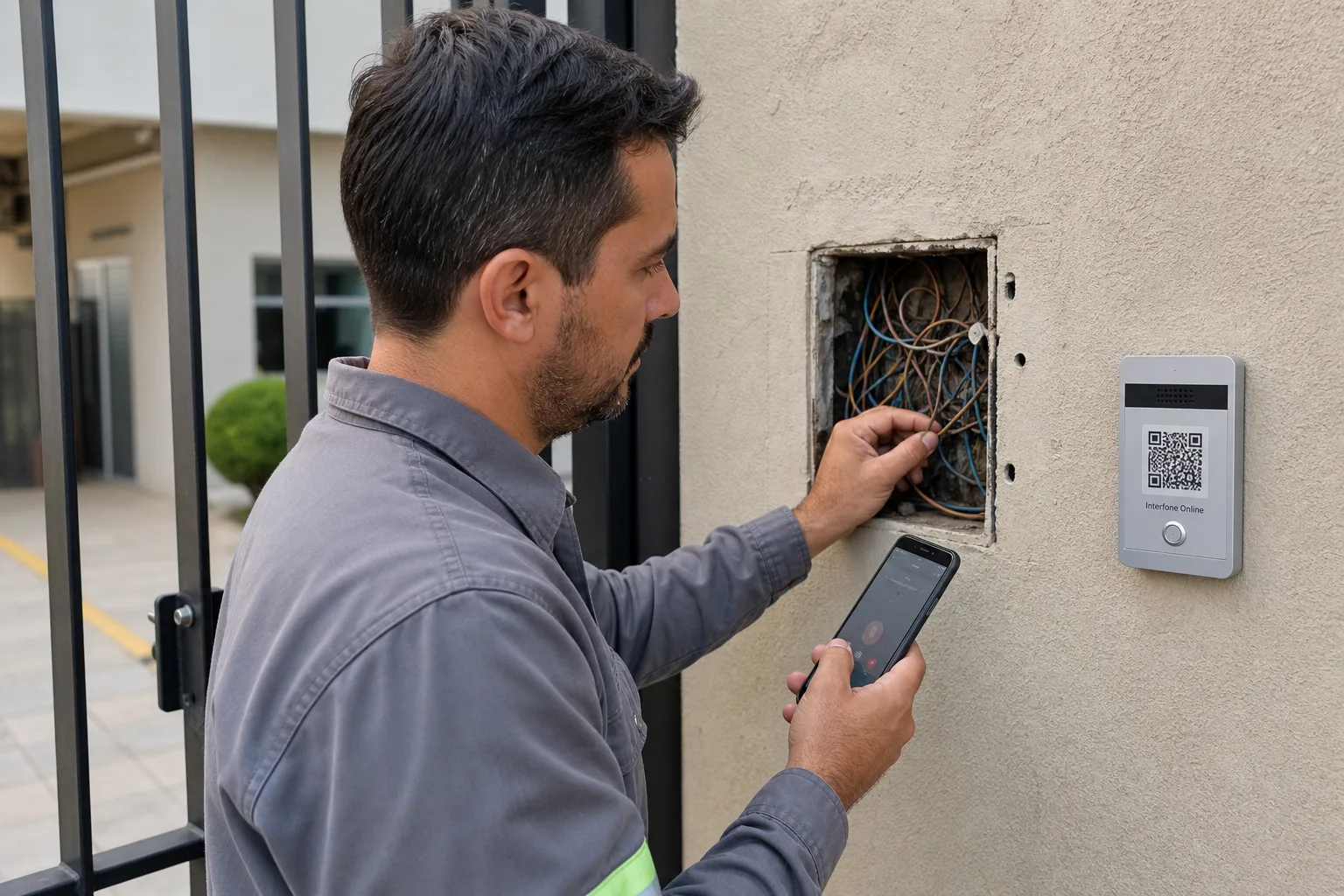 Técnico examinando fiação elétrica antiga na entrada de um imóvel enquanto segura um smartphone com solução de interfone digital