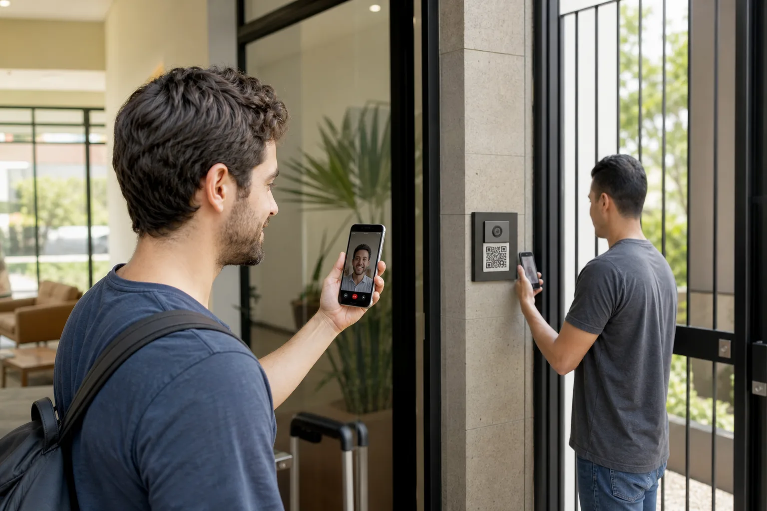 Pessoa atendendo uma chamada de vídeo do interfone pelo celular em um saguão enquanto um visitante aguarda na entrada