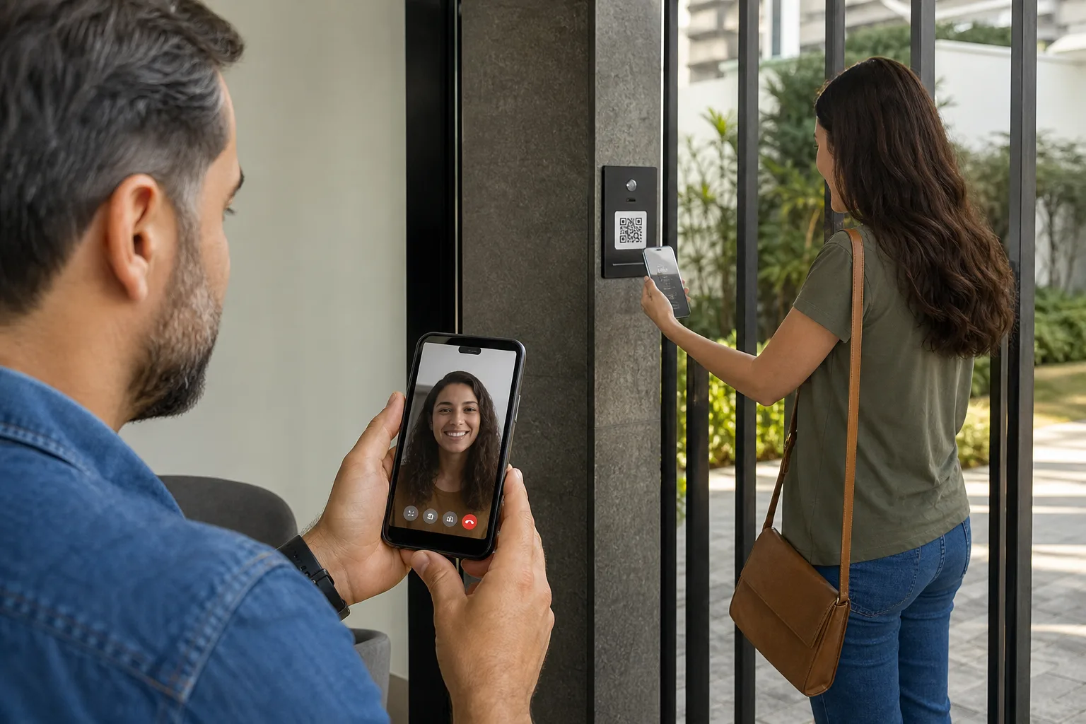 Pessoa fora de casa atendendo pelo celular uma chamada de vídeo da entrada enquanto o visitante aguarda diante do portão