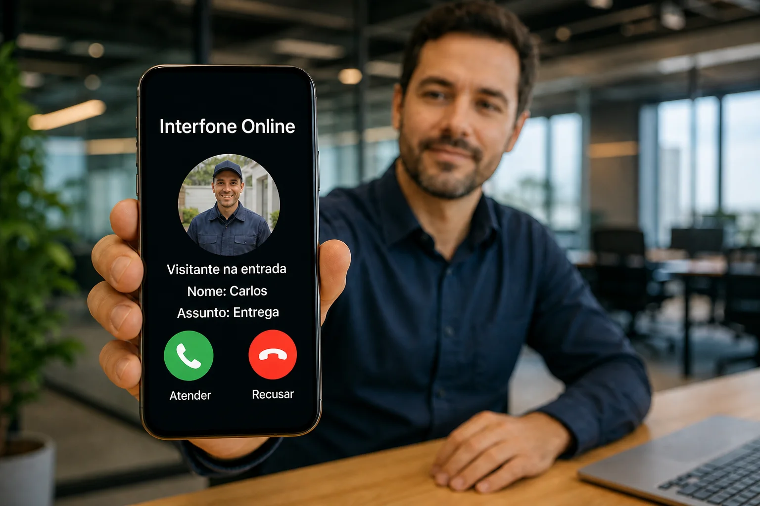 Chamada do Interfone Online no celular mostrando foto, nome e assunto do visitante