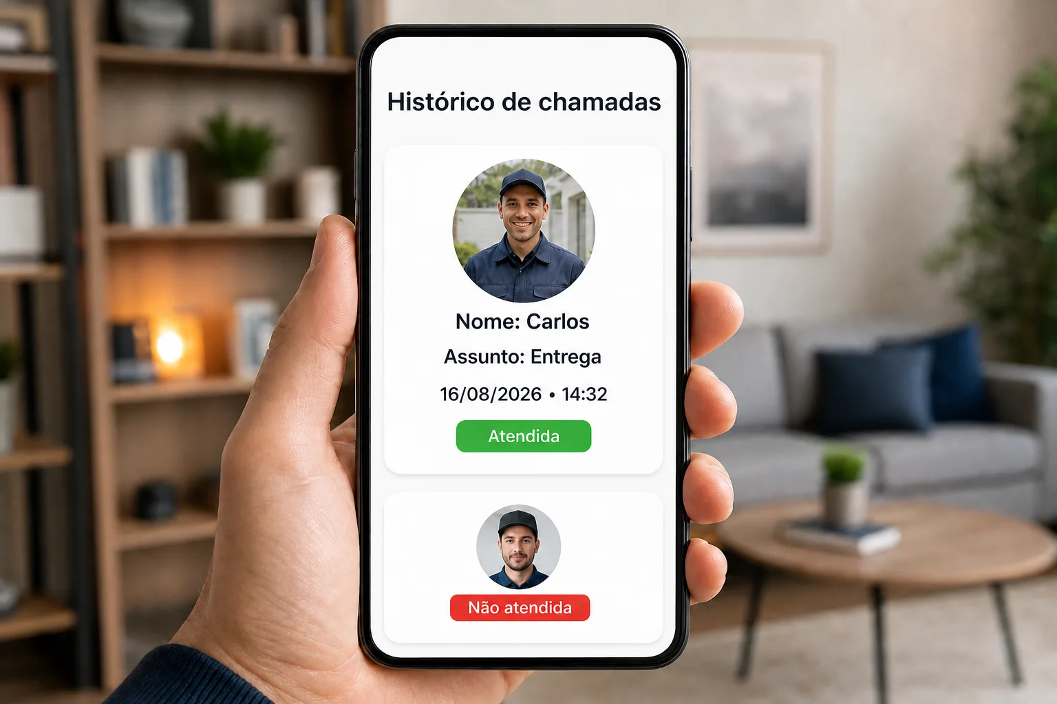 Histórico de chamadas com foto do visitante, nome, assunto, data e hora