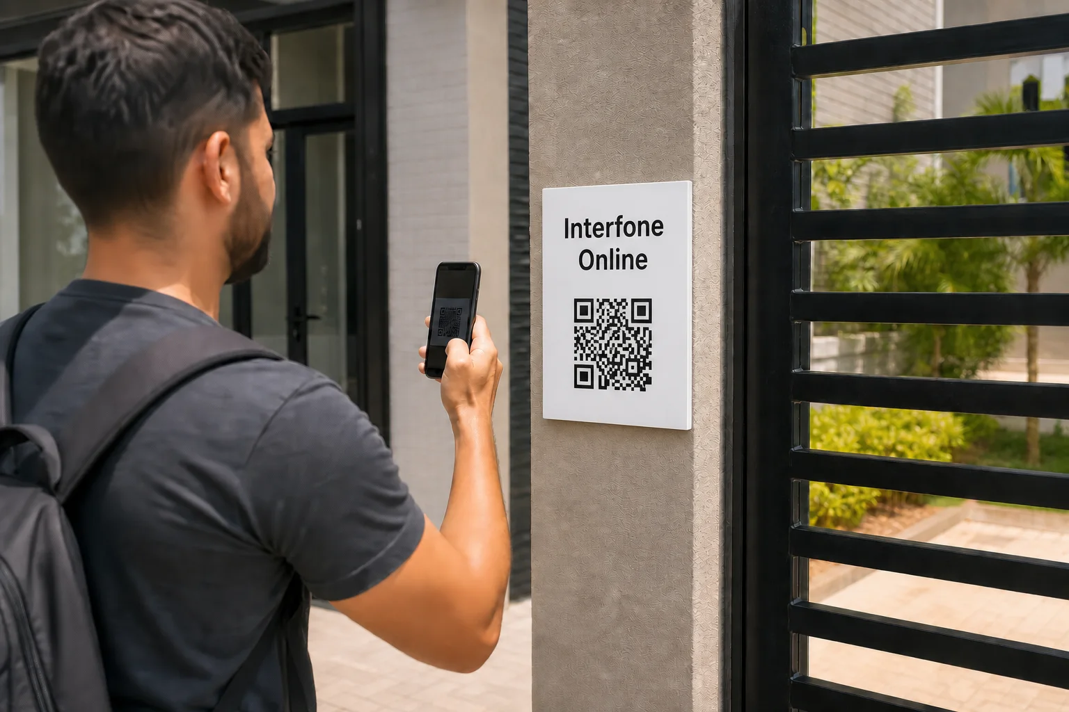 Visitante aponta o celular para a placa com QR Code do Interfone Online no portão