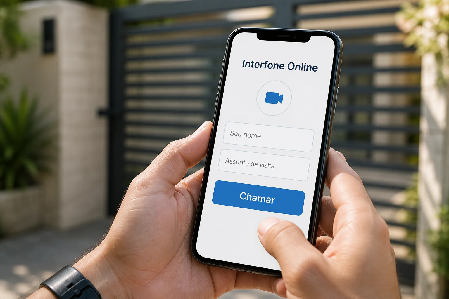 Tela do visitante no celular com campos de nome e assunto e botão Chamar